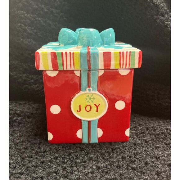 American Atelier Christmas Cookie Jar: "Joy" Gift Box Design in Red - Picture 1 of 8